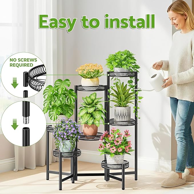 NQW Plant Stand Indoor Outdoor, 7 Tier Large Plant Stand with 7.9-Inch Wide Drainage Tray, Tiered Corner Metal Iron Flower Display Holder Shelf, Folding Tall Rack for Patio Balcony Porch - BlackFlower