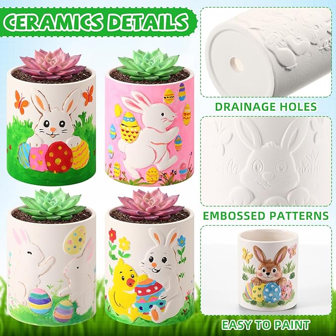 Zubebe 12 Pcs Easter Paint Your Own Bunny Ceramic Pots Bulk Unfinished Succulent Pots Painting Kits with Drainage Hole Mini Paintable Vase Ready to Paint Easter Gifts Basket Stuffers for DIY Craft