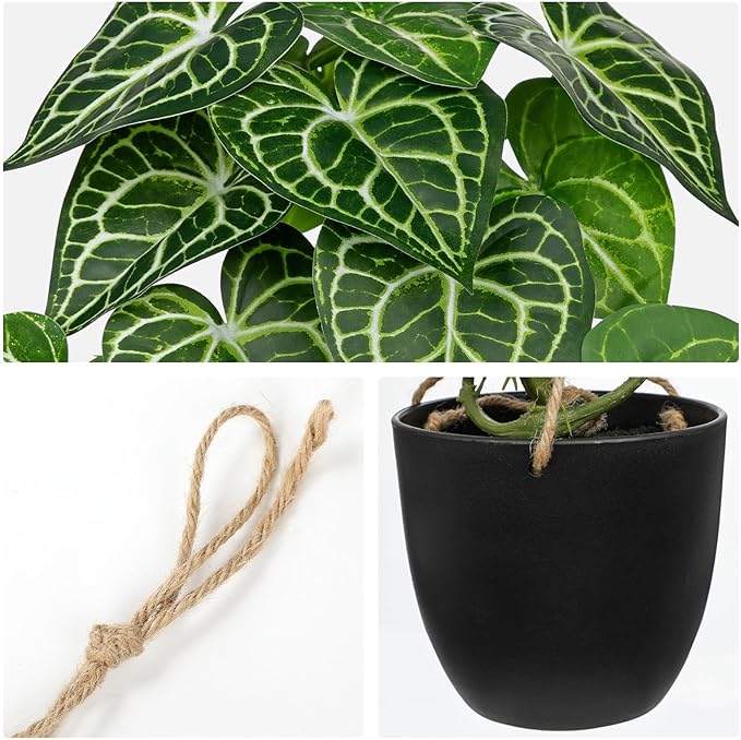 Fake Hanging Plant in Black Pot Artificial Syngonium Podophyllum Plant Faux Greenery Leaves for Wall Bedroom Office Desk Bathroom Indoor Outdoor Home Decor