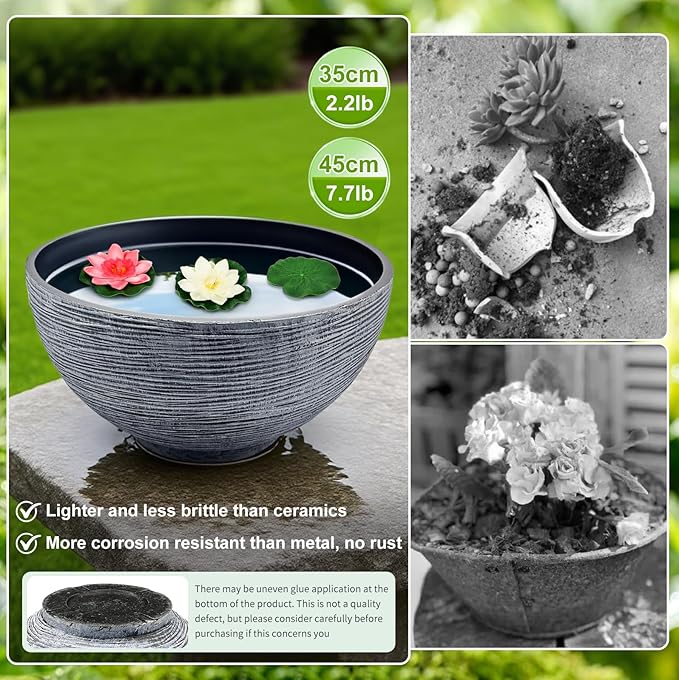 charmshine17.7inch Large Lotus Bowl Planter Garden Water Plant Pot Bird Bath Bowl Landscaping Planter Water Lily Pots for Outdoor Indoor Planting in Water Small Fountain Base Mini Fish Pond (Grey)