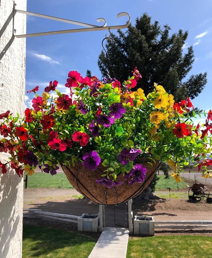 Lamsze Artificial Faux Hanging Plants Flowers Basket for Summer Autumn, Colorful Daisy Flowers Eucalyptus UV Resistant Look Real for Outdoor Outside Porch Decoration