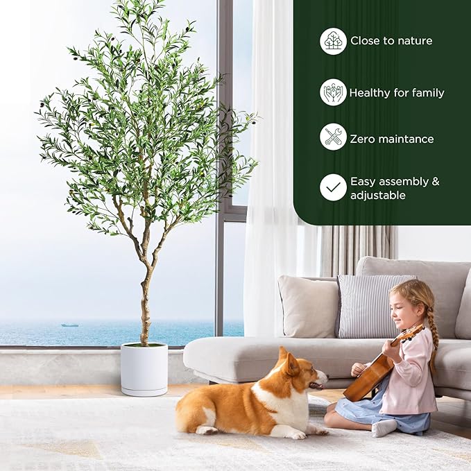7ft Artificial Olive Tree Potted, Faux Indoor Plants with Natural Wood Trunk & Lifelike Fruits, Realistic Tall Fake Tree for Home Office Decor, Housewarming Gifts