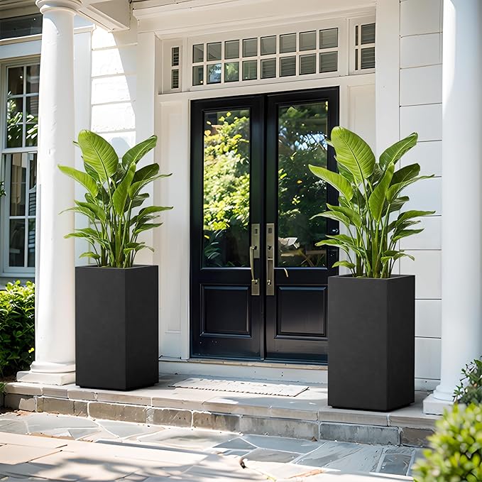 Kante 27.6" H Tall Rectangular Concrete Planter, Modern Square Diameter Plant Pot with Drainage Hole and Rubber Plug for Indoor Outdoor Home Patio Garden, Black