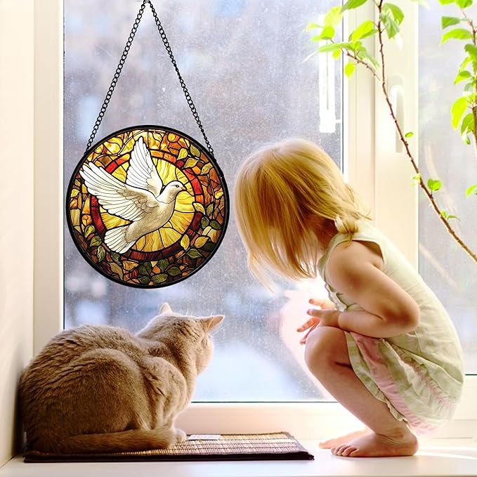 DASTOLL Stained Glass Window Hanging, Flying White Dove Sun Catchers Diamond Glass Panel Hangings Cute Birds Suncatcher Decor for Birthday for Women, Men, Wife, Aunt, and Mom 9.8X9.8 in