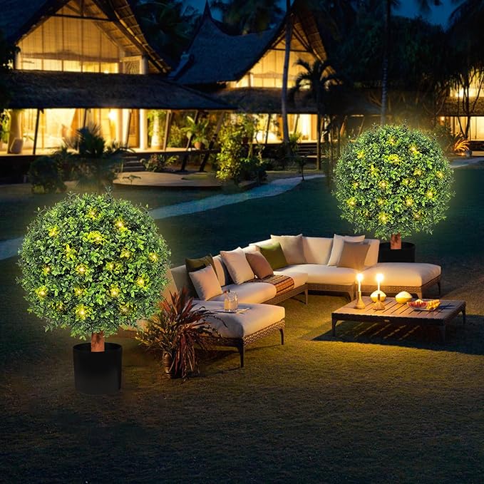 26" Artificial Boxwood Topiary Trees - 19.7" W Large Faux Plants Outdoor for Front Porch Decor, UV-Resistant Potted Shrubs with LED Lights, Realistic Fake Greenery Balls for Patio Entrance, Set of 2