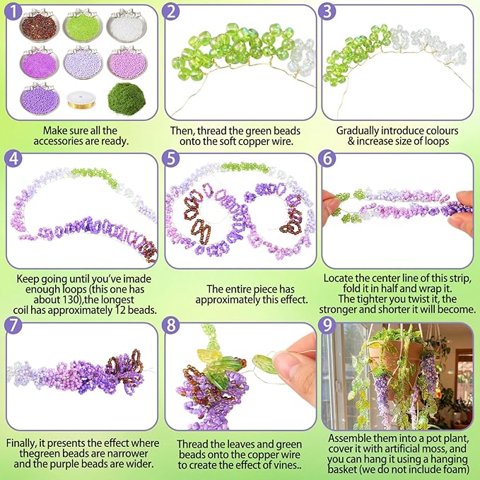 Potchen 13155 Pcs DIY Wisteria Beaded and 5 Inch Clay Pot Planter Set, Glass Beads Plant Making Kit with Artificial Moss Hanging Rope Purple Nature Series Colorful Crystal Leaf Jewelry for Craft
