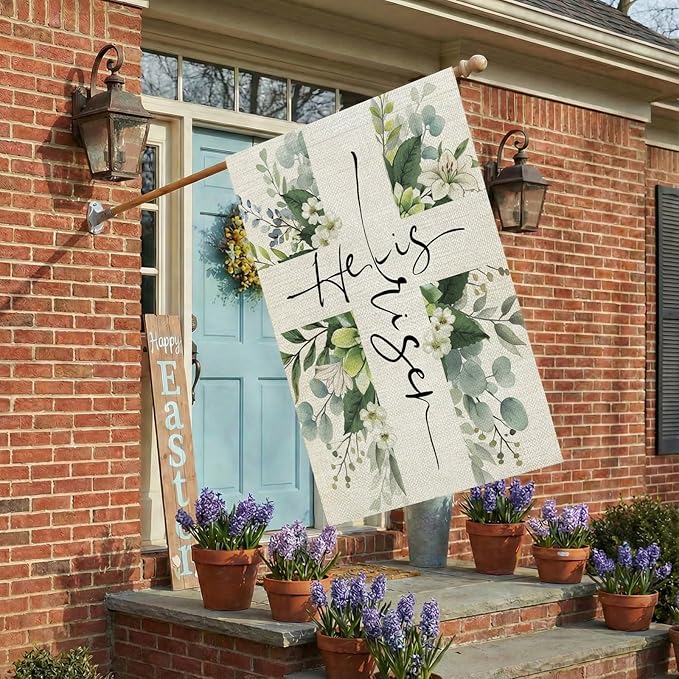 CROWNED BEAUTY Easter House Flag Floral Cross He is Risen 28x40 Inch Double Sided Large Holiday Welcome Decoration for Outside Yard