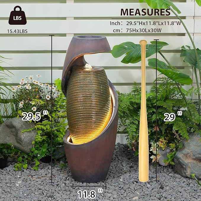 Modern Outdoor Freestanding Water Fountain with LED Lights, Resin Garden Water Feature with Planter Top for Patio, Yard & Porch, 29.5"H Sculptural Oval Waterfall Fountain Indoor Decor, Realaxing Sound