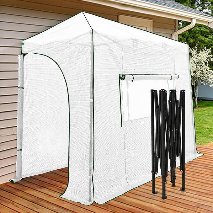 EAGLE PEAK Instant Pop-up Greenhouse, Indoor Outdoor Plant Gardening Green House, Roll-Up Zipper Doors and Side Windows, Lean-to 10x5 ft, PE Cover, White/Clear