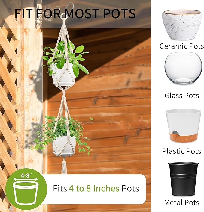 IDEEEPAN Macrame Plant Hanger - Fits 4 to 8 inches Pots for Indoor Outdoor, 49 Inch, Set of 2, Ivory (POTS NOT Included)
