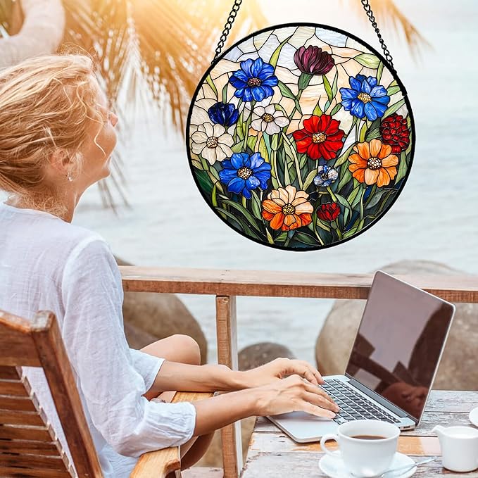 Stained Glass Suncatcher, Colorful Flowers Green Leaf Sun Catcher Landscape Stain Glass Window Hanging Decoration Mother's Day Birthday Gifts for Women Men Mom Nana 15 in