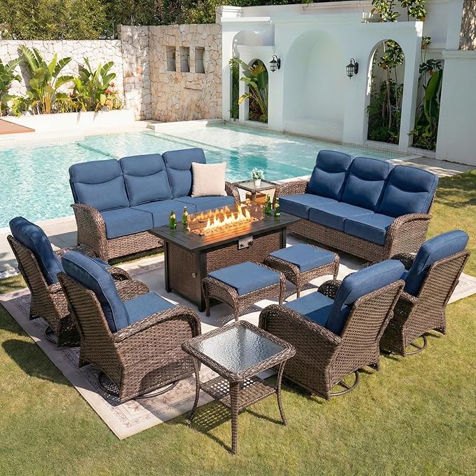 Belord Upgraded 6“ Cushion Luxury Patio Furniture Set with Fire Pit Table - 11 Piece Wicker Outdoor Furniture with High Back Swivel Rocker Patio Chairs, Conversation Set for Deck Porch - Brown/Blue