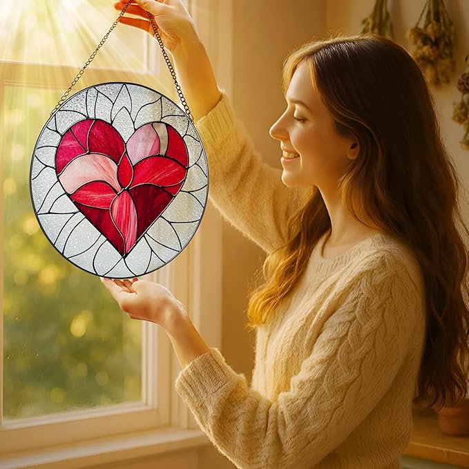 LAOWEIKI 8'' Valentine Heart Suncatcher Ornament, Stained Glass Window Hanging, Suncatchers for Windows Hanging Ornaments, Valentine's Romantic Decor | Valentine's Day Gift, Gifts for Girlfriend, Wife
