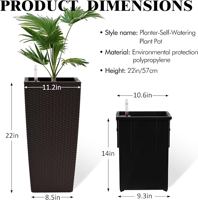 Vigo huseeo 23in Tall Planter Set of 2, Large Self Watering Pots for Indoor/Outdoor Plants with Drain Holes, Water Level Monitor, Inner Bucket for Front Porch Patio, Brown Rattan