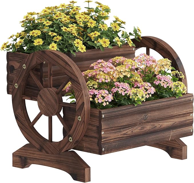 Wooden Wagon Planter Box, Standing Garden Planter, Decorative Outdoor Container