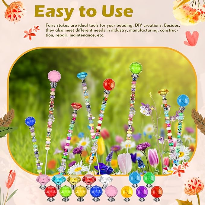 Zonon 16 Pack DIY Garden Beaded Stakes Wands Kit 16 Pcs 8/32 Inch 4mm 12 Inch Threaded Rod 16 Pcs 4mm Hex Nuts and 16 Diamond Tops Stainless Steel Decorative Garden Stakes, 16 Styles