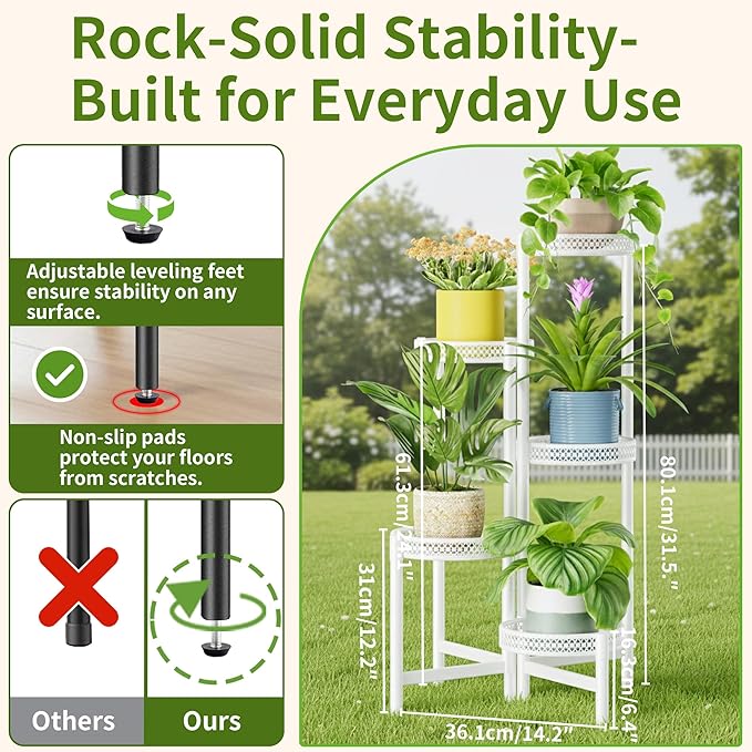 NQW Metal Plant Stand Indoor Outdoor, 5 Tier Tall Flower Pot Holder Potted Display Rack Shelf, Heavy Duty Corner Plant Shelf for Patio Garden Balcony Living Room Bedroom - WhiteWave