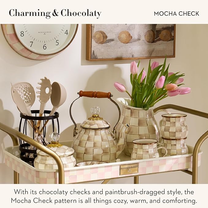 MACKENZIE-CHILDS Tabletop Urn, Decorative Centerpiece for Table, Brown-and-White Mocha Check Pedestal