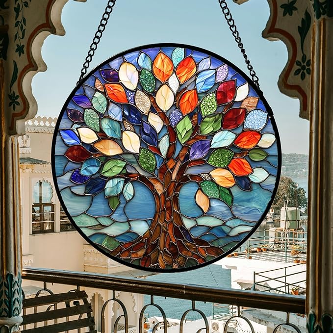 DASTOLL Stained Glass Window Hanging, Colorful Tree of Life Sun Catchers Glass Panel Blue Suncatcher Decor for Birthday for Women, Men, Wife, Aunt, and Mom 14.9x14.9 in