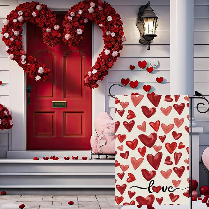 Valentine’s Day Watercolor Red Love Hearts Garden Flag Yard Flag 12x18 Inch Double Sided Small Mini Yard Outdoor Outside Holiday Decoration