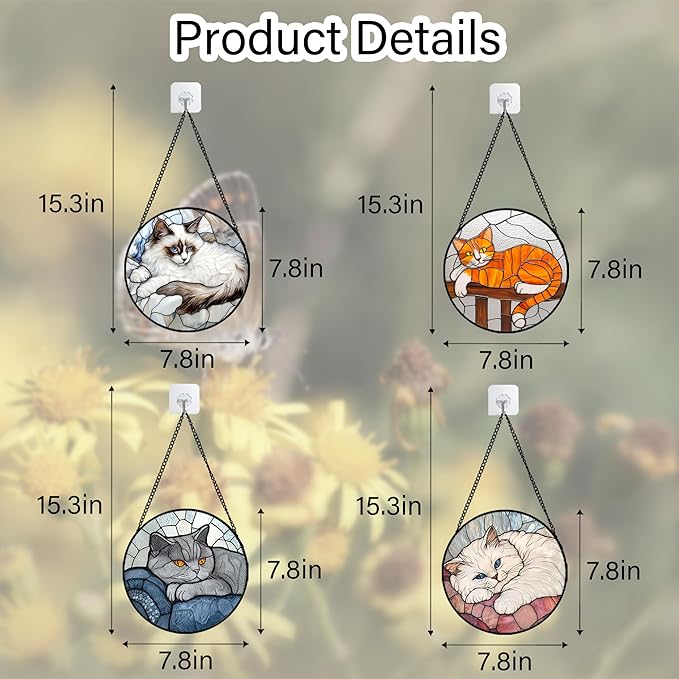 AMDERVEN Stained Glass Window Hanging 4 Pcs Set Cute Cat 7.8" - Suncatcher Door Garden Sun Catcher Decor Birthday Mother's Day Christmas Comfort Gifts for Lost Pet Woman Nana Mom Men Friend