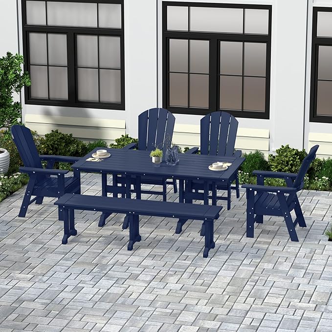 WestinTrends Malibu 6 Piece Adirondack Patio Dining Set with Bench, All Weather Poly Lumber Outdoor Table and Chairs, 71" Trestle Dining Table, 4 Adirondack Chair with Dining Bench, Navy Blue