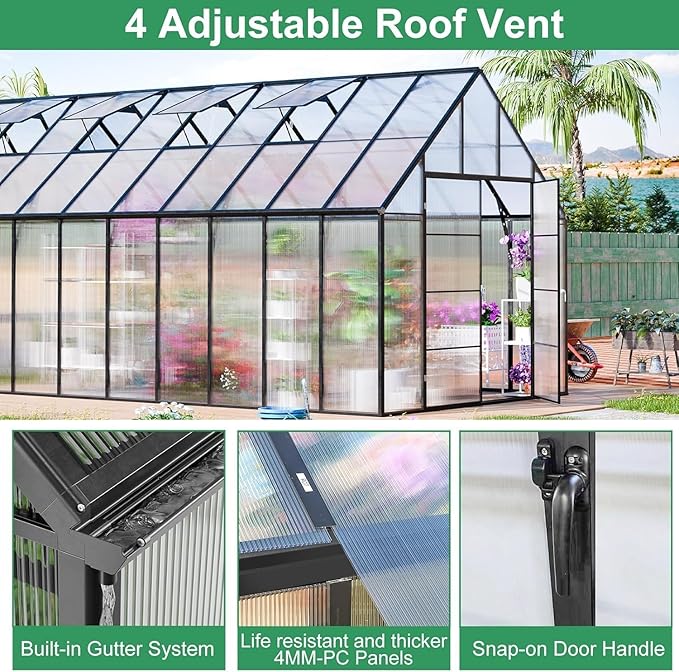 CDCASA 10x20 FT Greenhouse for Outdoors,Large Easy Assembly Polycarbonate Greenhouse Aluminum Greenhouses w/4 Vents Windows, Swing Door Walk-in Green House for Ouside,Backyard,Garden, Black