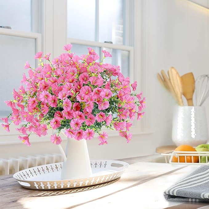 Artificial Flowers for Outdoors 12 Bundles Realistic Faux Plants UV Resistant Fake Silk Morning Glory with Eucalyptus for Front Door Planter Patio Porch Outside Spring Summer Decoration (Pink)