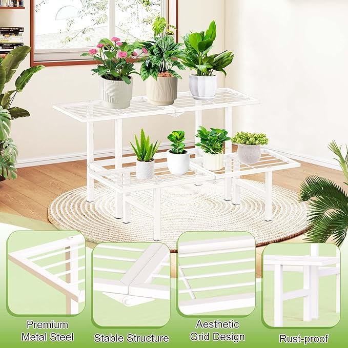 jsyonii 2 Tier Metal Plant Stand Outdoor Indoor Waterproof, Heavy Duty Outdoor Plant Shelf, Foldable Ladder Plant Stands Display Rack for Garden Window, 8.3/15.4'' Tall (White)