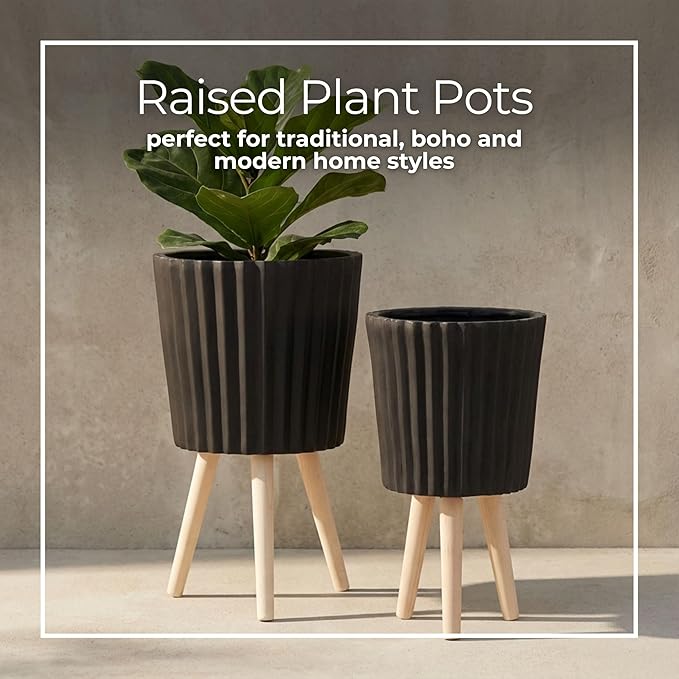 Set of 2 Resin & Magnesia Planter Set with Wood Stands – Plant Stand Indoor Outdoor, Living Room or Patio – Modern Raised Design, Accent Planters for Stylish Spaces, Home Decor – 12" & 10", Black