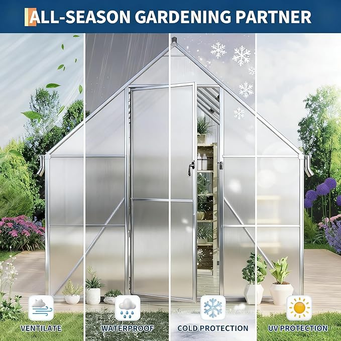 8x12ft Greenhouses for Outdoors, Polycarbonate Greenhouse with Roof Vent, Aluminum Frame Walk-in Greenhouse Kit for Backyard All Seasons Use