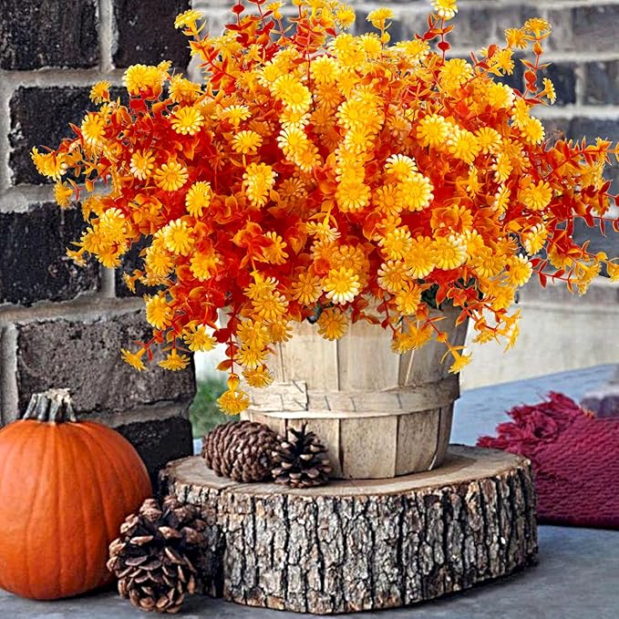 Grunyia 12 Bundles Artificial Fall Flowers for Outdoors Fake Plants - Faux Outside Greenery Boxwood No Fade Plastic Shrubs Decor Farmhouse Home Garden Thanksgiving (Fall Yellow)