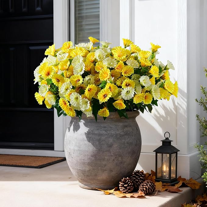 Artificial Morning Glory Flowers Plants for Outdoor 8 Pcs Faux Silk Petunias Flower Realistic Faux Flowers Plants for Outside Planter Porch Yard Patio Balcony Home Indoor Decor (8 Pcs Yellow+White)