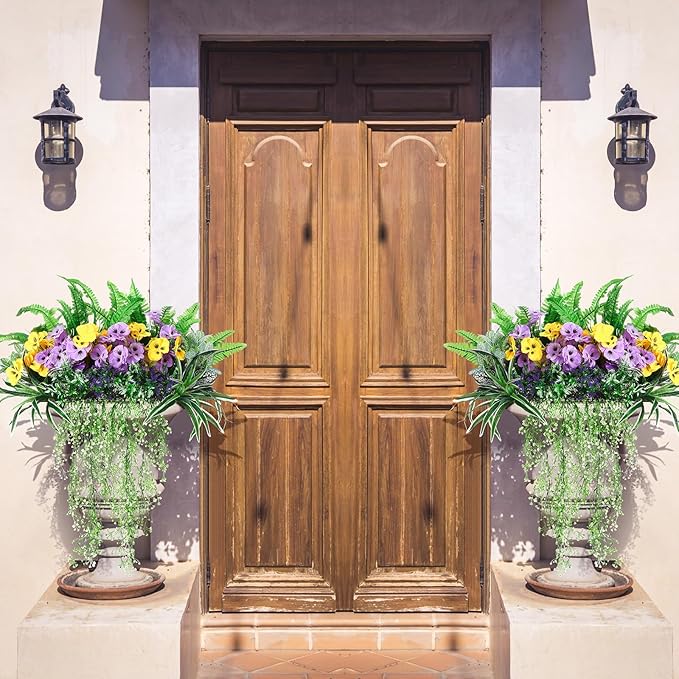 24 Pcs Outdoor Artificial Plants UV Resistant Faux Plant Fake Greenery Stems Faux Shrubs Flower for Outside Hanging Front Porch Patio Garden Window Box Home Wedding Summer Spring Decor(Green Purple)