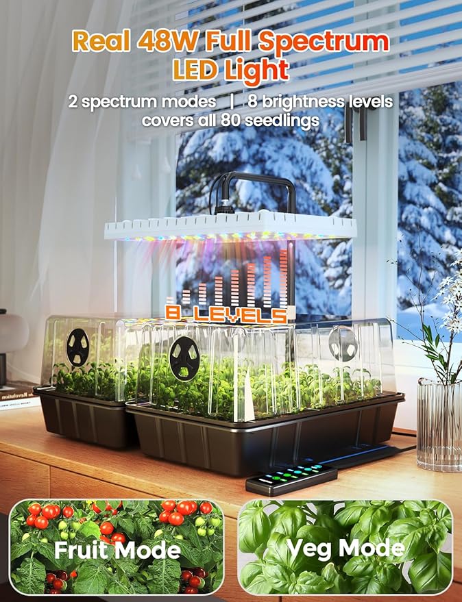 80-Cell Seed Starter Tray with 48W Full Spectrum Grow Light & 30W Heating Mat, Adjustable Dome & Light Stand, Waterproof Base, Indoor Germination Kit for Healthy Seedlings