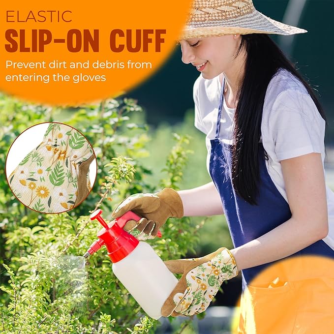 HANDLANDY Work Gloves for Women, Breathable Leather Gardening Glove for Yard Maintenance, Hand Protection with Touch Screen for Gardeners, Farmers