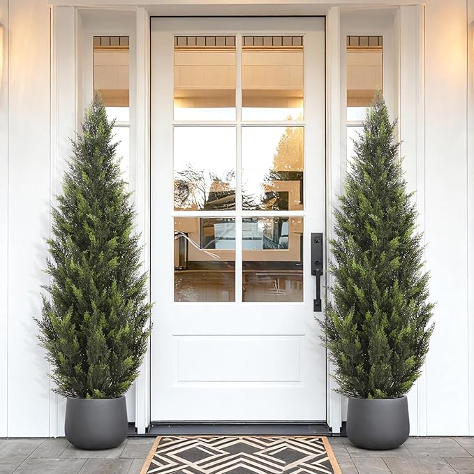 ZEEOZE 4FT Artificial Cedar Topiary Trees (1 Pack) - UV Resistant Faux Evergreen Shrubs Extra Dense Foliage Realistic Fake Pine Cypress Plants Easy Assembly for Front Porch Garden Indoor Office Decor