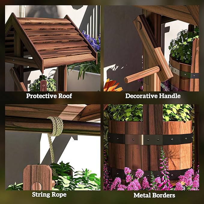Outsunny Wooden Wishing Well Planter with Adjustable Hanging Bucket, Rustic Wishing Well for Outside, Decorative Flower Planter with Drainage Hole for Garden Patio, Carbonized