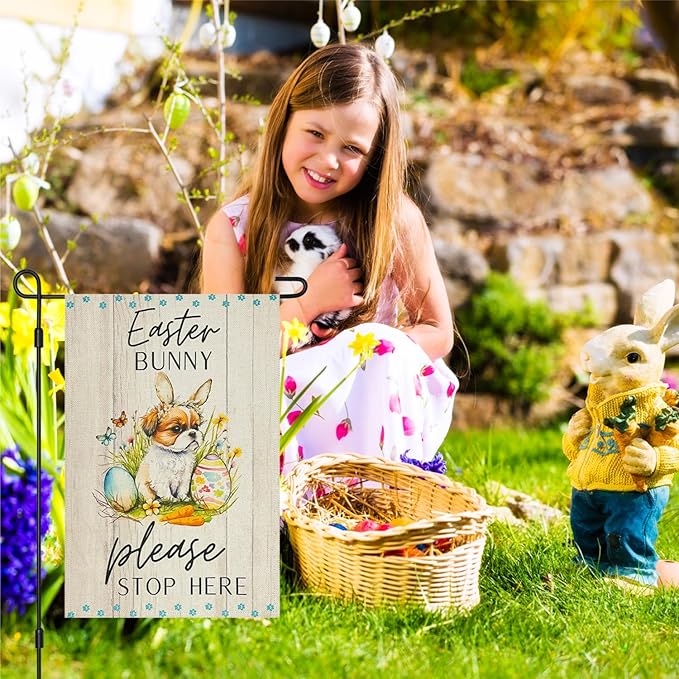 Easter Dog Garden Flag Bunny Please Stop Here Double Sided 12×18 Inch,Puppy With Rabbit Ear Eggs Vertical Small Burlap Spring Holiday Yard Lawn Front Porch Outdoor Decorations