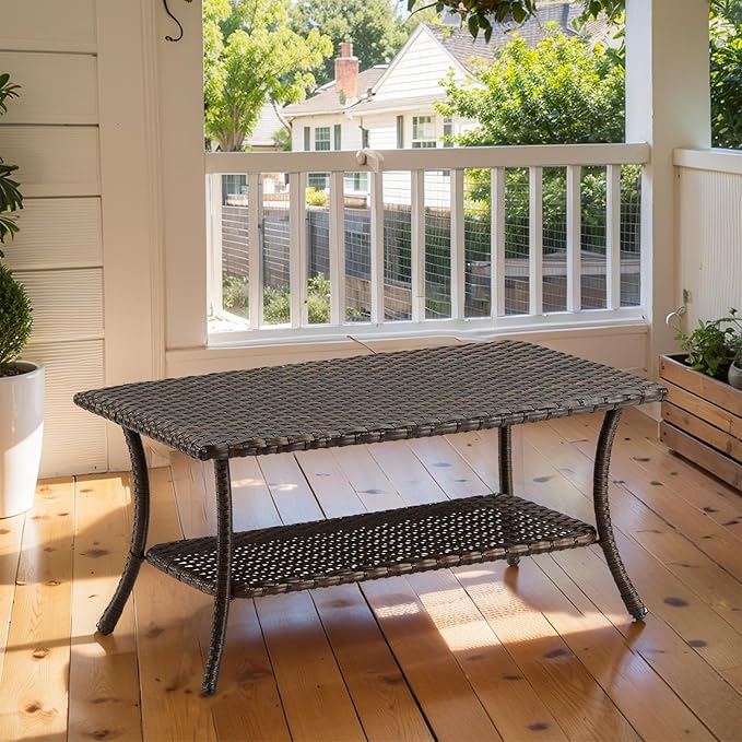 Wicker Outdoor Coffee Table,Rattan Outdoor Coffee Table with 2-Layer Storage Furniture Tables for Garden,Porch,Backyard