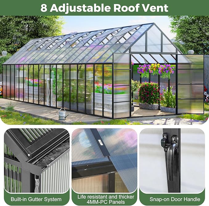 CDCASA 36x10x10 FT Greenhouse for Outdoors, Easy Assembly Large Thicker Aluminum Heavy Duty Polycarbonate Greenhouses Kit w/8 Windows, Outside Sunroom Walk-in Green House for Patio,Backyard