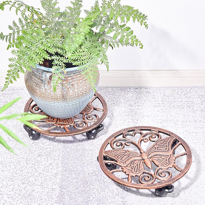 Sungmor Heavy Duty Cast Iron Plant Caddy with Wheels - 2 Pack Vintage Butterfly Design Plant Stand, Metal Rolling Plant Tray for Indoor & Outdoor Use - 11 Inch, Antique Bronze