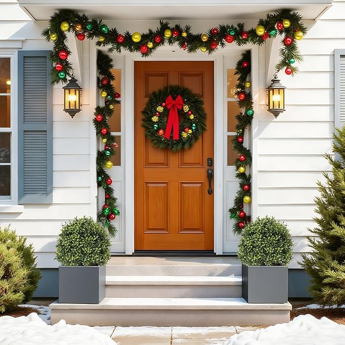 Azoco 27“ Realistic Artificial Boxwood Topiary Trees Set of 2, Faux Plants Outdoor UV-Resistant, Fake Evergreen Bushes & Shrubs for Front Porch Outside Planter Decor