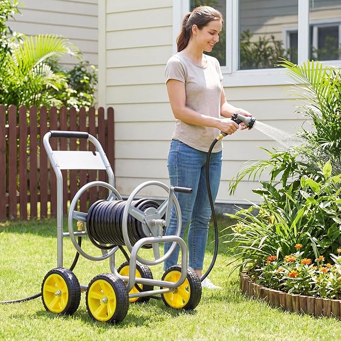 Garden Hose Reel Cart, Mobile Water Hose Cart with Heavy-duty Metal Frame & 4 Solid Wheels, Hold up to 330 ft of 5/8" Hoses, Outdoor Planting Tool for Lawn & Backyard (Silver)
