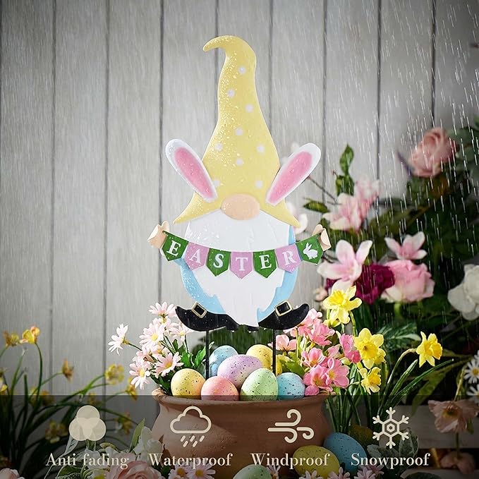 TERESA'S COLLECTIONS Easter Decorations Outdoor for Home, Metal Garden Gnomes Decor Yard Stakes, Pink & Blue Egg Rabbit Garden Stakes Gifts, Welcome Yard Signs for Outside Lawn Porch Patio, 27"