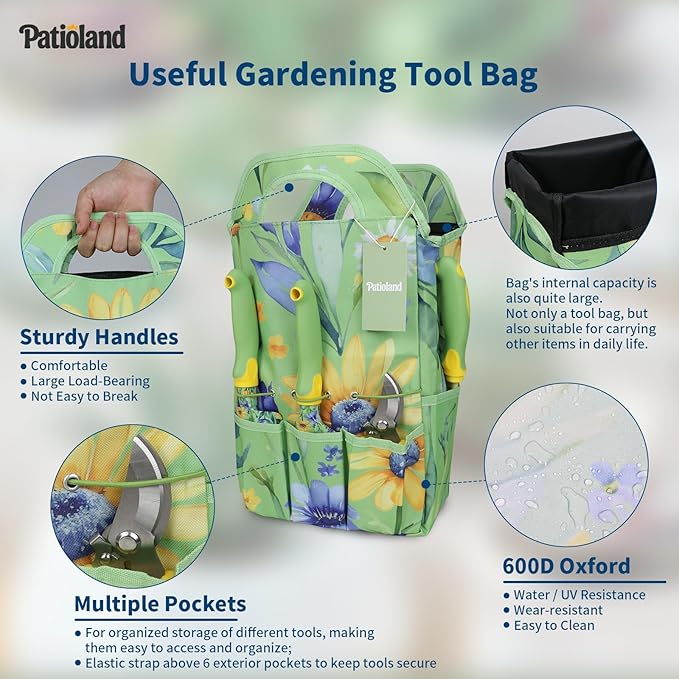 Patioland 10-Piece Garden Tool Set – Green Floral Gardening Hand Tools with Non-Slip Handles, Heavy Duty Rust-Proof Aluminum Tools, Organizer Tote Bag, Ideal Gardening Gifts for Women & Grandma