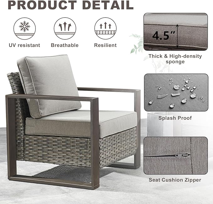 Rilyson Outdoor Wicker Patio Furniture Set - 5 Piece Patio Conversation Set with 2 Wicker Armrest Chairs,2 Rattan Ottoman and 1 Couch,Sturdy Frame,Thick Cushions,Deep Seating(Mixed Grey/Grey)