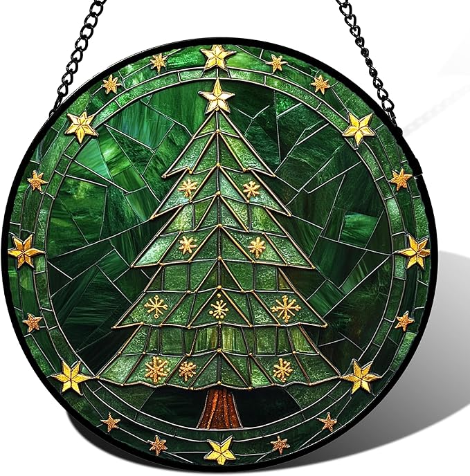 Stained Glass Window Hanging - Green Christmas Tree with Golden Stars Suncatcher for Doors Home Christmas Decoration Sun Catcher Thanksgiving New Year Birthday Gifts for Women Men Mom Nana 15 in