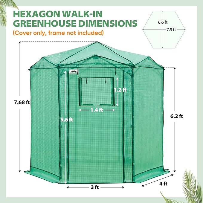 EAGLE PEAK Replacement Cover for 6.6x6.6 ft Hexagon Pop up Greenhouse, Front and Rear Roll-Up Zipper Entry Doors and 2 Roll-Up Side Windows (Frame Not Included), Green