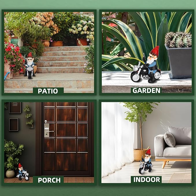 Garden Gnome Riding Motorcycle with Solar Light, Funny Outdoor Gnome Decoration Indoor Outdoor Lawn Figurines for Home Yard Décor, Medium